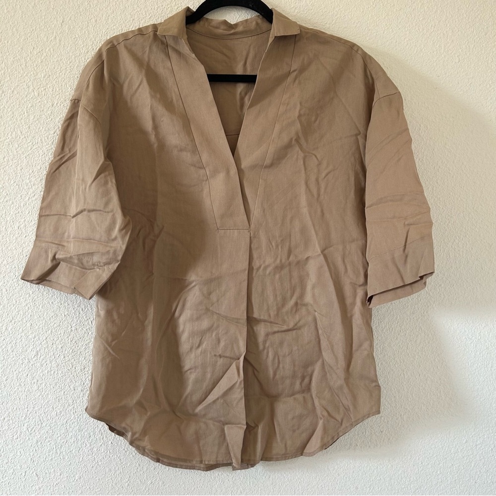 ROPE V-neck Small Collar 1/2 Sleeve Khaki Beige Blouse Women Sz 36
